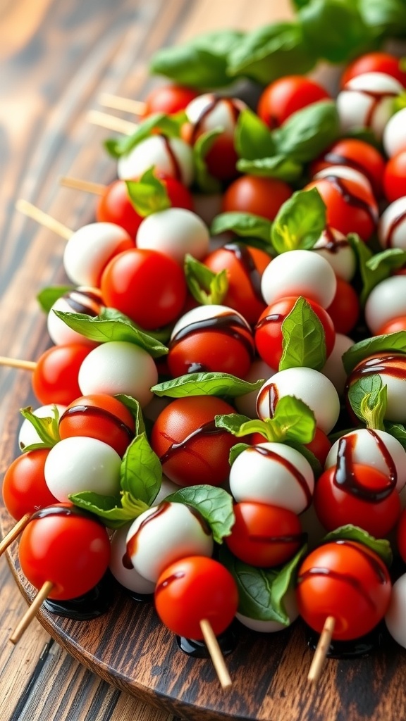 Colorful mini Caprese skewers with cherry tomatoes, mozzarella, and basil drizzled with balsamic glaze on a rustic platter.